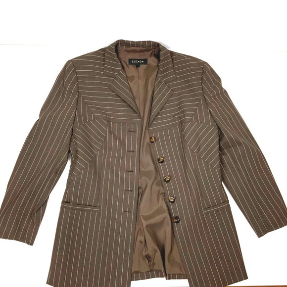 ESCADA Pinstripe Brown Wool Suit Blazer & Skirt Career Business Sz 42-44 (8-10) - Picture 10 of 16